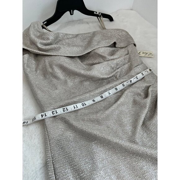 New Eliza J Size 10 One-Shoulder Glitter Mermaid Gown ruching, train Back Beige - Picture 6 of 15